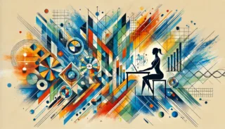 An abstract cubist artwork using geometric shapes and fragmented structures to convey ideas of measurement and assessment. Use vibrant colors