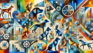 An abstract cubist artwork using geometric shapes and fragmented structures to convey ideas of measurement and assessment. Use vibrant colorss